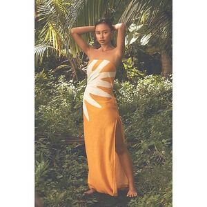 Celandine Maxi Dress Mustard Sunburst Strapless Cutout Linen Blend L